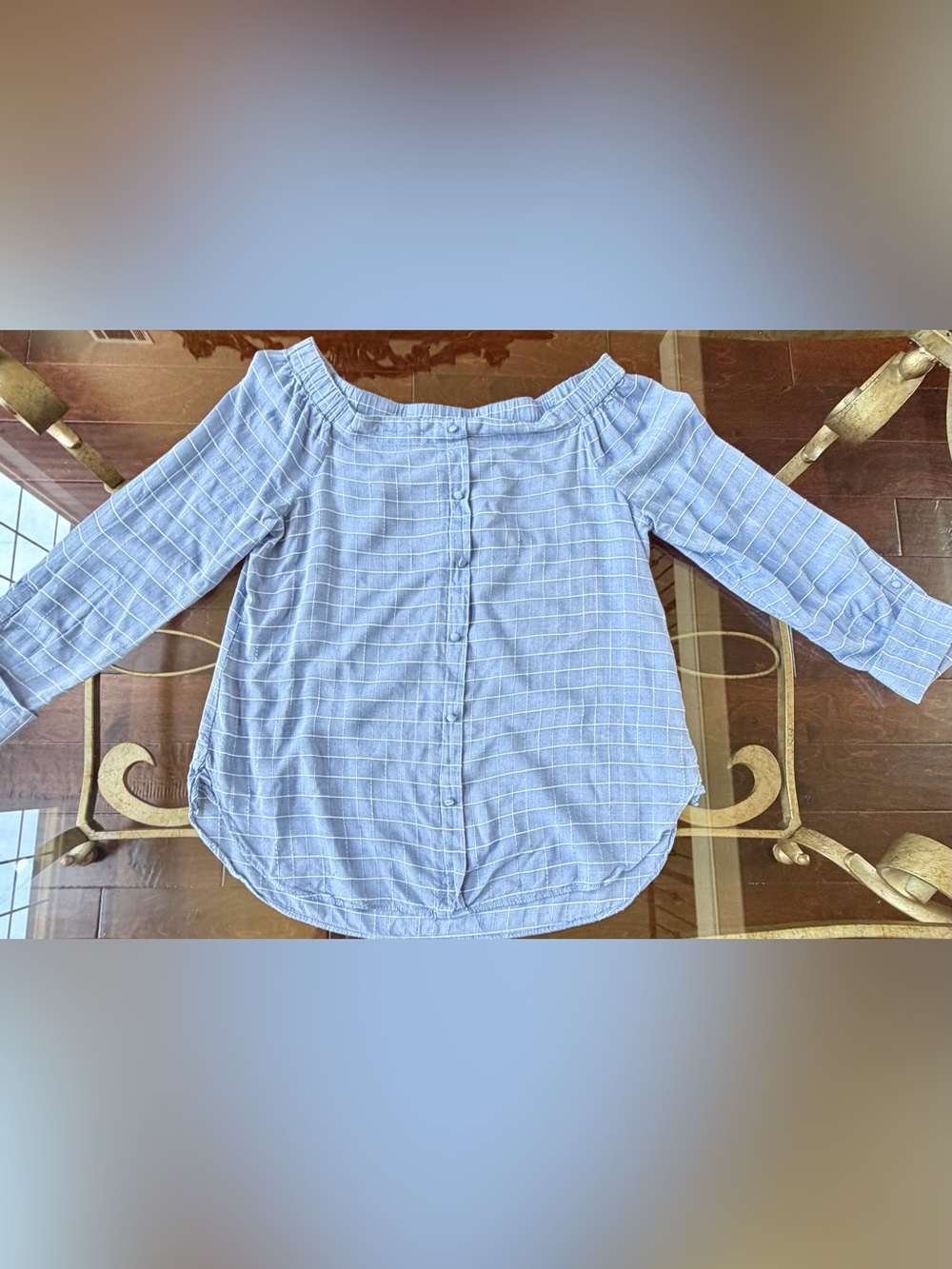 Light Blue Off-Shoulder Windowpane Button-Back Blouse with French cuffs